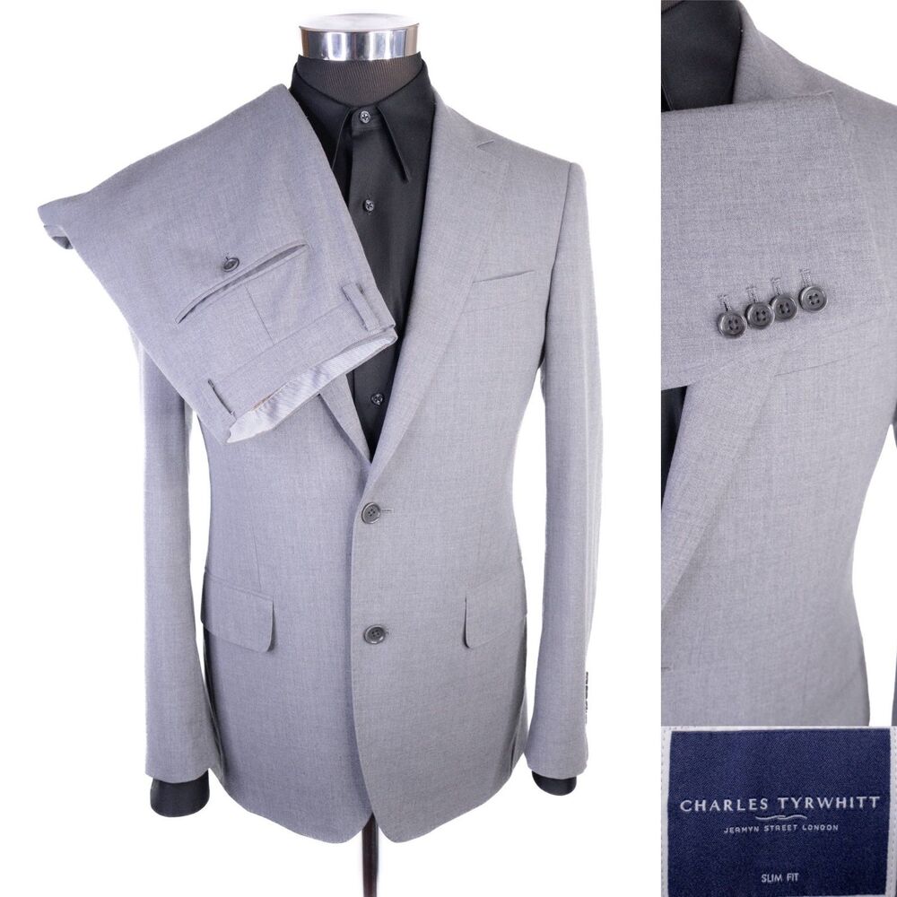 Charles Tyrwhitt 2-Pcs Solid Gray Super 120's Wool Jacket Sz 38R Pants 30X30.5